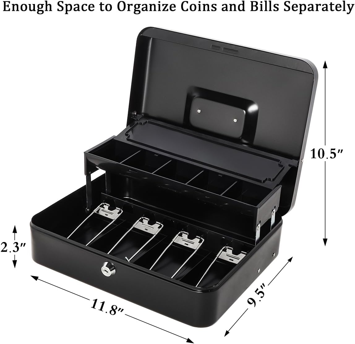 Jssmst Locking Cash Box with Money Tray and Lock, Money Lock Box with Coin Lid, 11.8L x 9.5W x 3.5H Inches, Safe Money Box with Key Lock, Black, SM-CB0511B