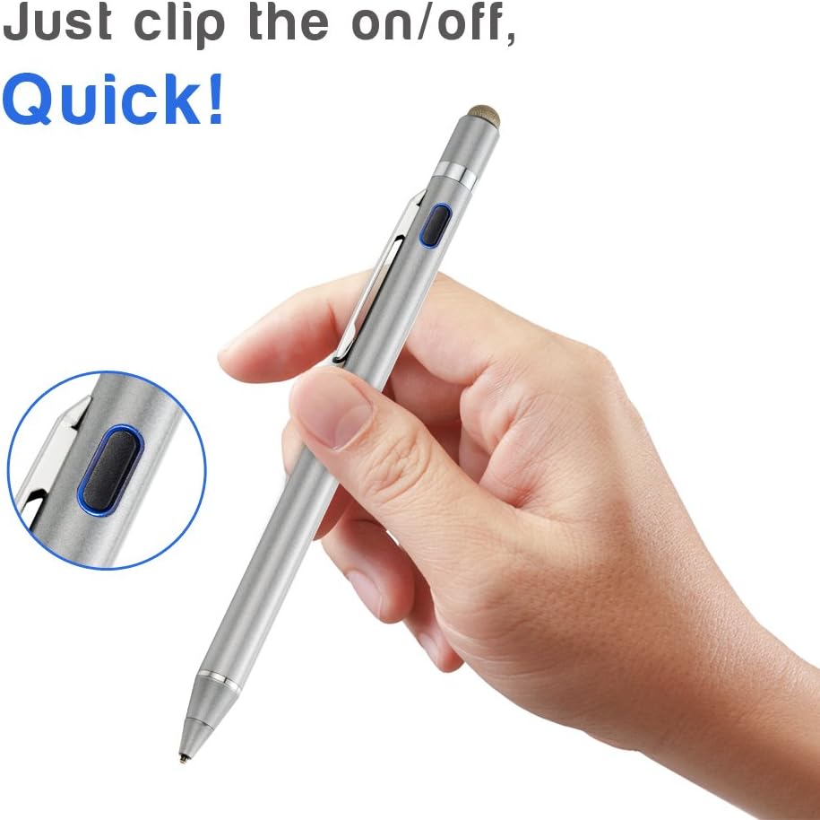 2-in-1 Active Stylus Digital Pen with 1.5mm Ultra Fine Tip for iPad iPhone Samsung Tablets, Work on Touchscreen Phones and Tablets,Good at Drawing and Writing, Grey