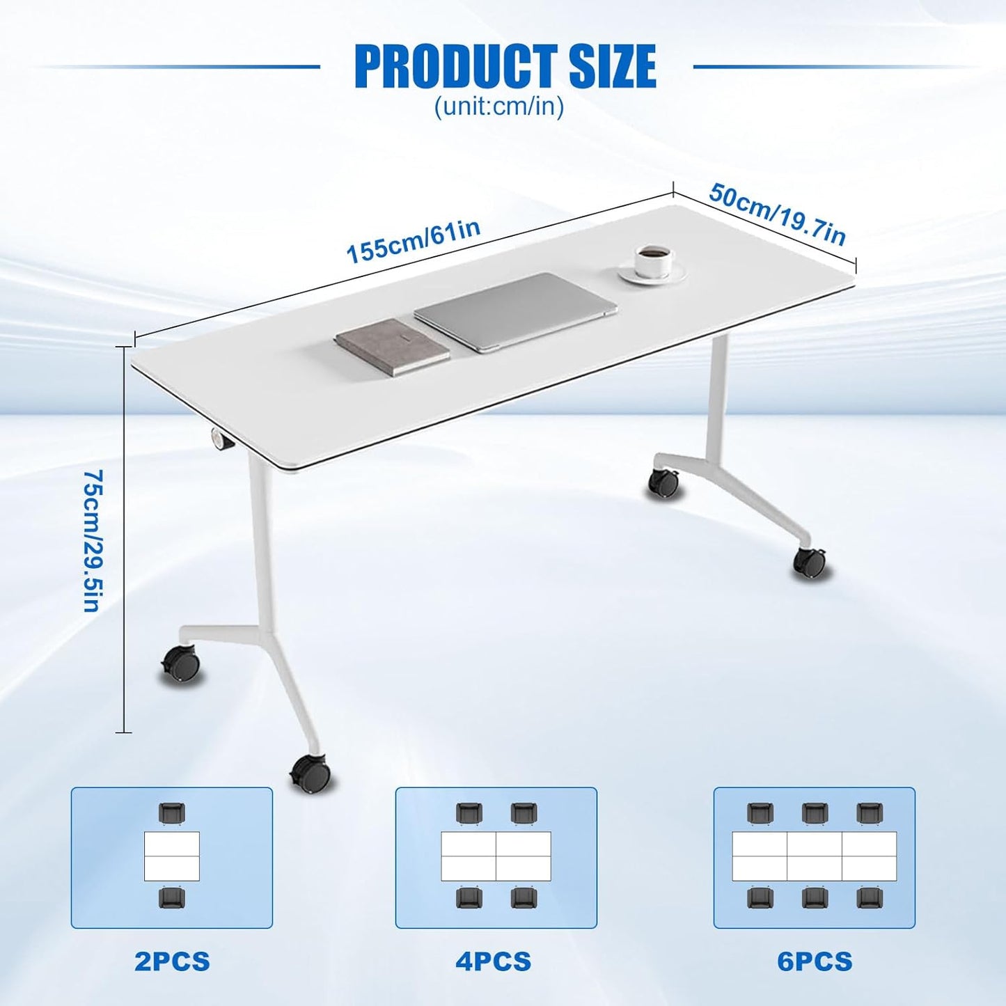 Conference Table, Folding Conference Desk Modern White, Seminar Table with Wheels, 2-10 People for Office, Meeting Break Room (6, 1915, 61IN)