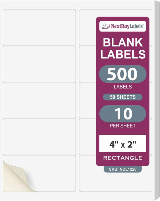 NextDayLabels – 4” x 2” Rectangular Sticker Labels for Printer - White Laser/Inkjet Printer Labels Return Address Labels Shipping Label Stickers (50 Sheets, 10 Per Sheet, 500 Labels)