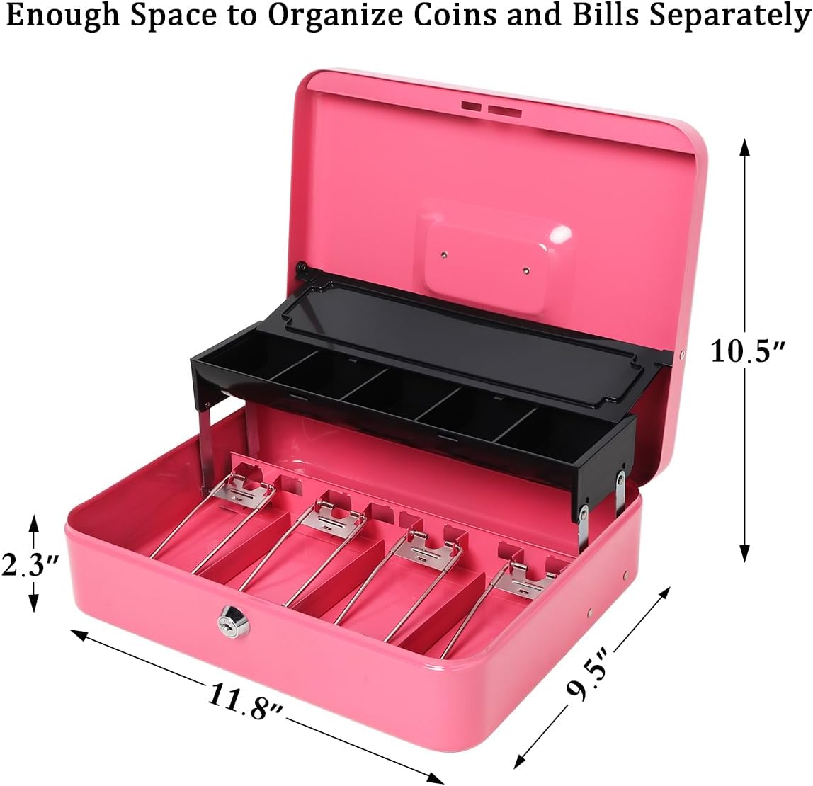 Jssmst Locking Cash Box with Money Tray and Lock, Metal Money Box with Change Lid, 11.8L x 9.5W x 3.5H Inches, Safe Box for Money with Key Lock Pink, SM-CB0515P