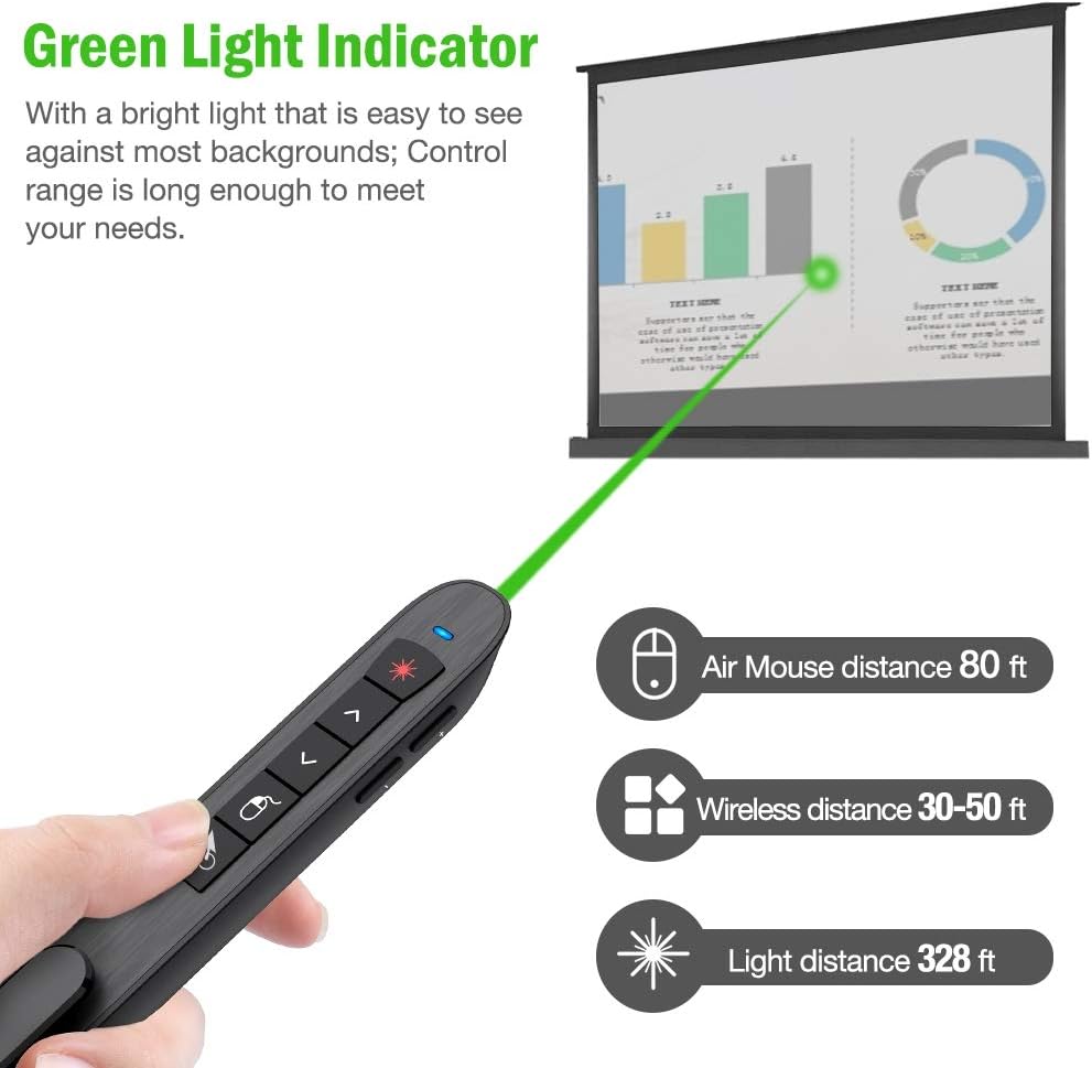 Air Mouse Green Light Presentation Remote Control USB Rechargeable Presentation Clicker Wireless Presenter RF 2.4 GHz Powerpoint Clicker Slide Advancer Changer Mac/Laptop/Computer