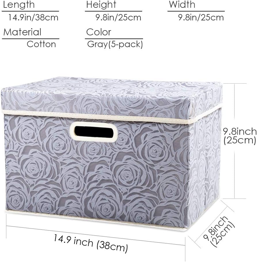PRANDOM Foldable Storage Bins with Lids [5-Pack] Fabric Decorative Storage Box Cubes Organizer Containers Baskets with Cover Handles Divider for Bedroom Closet Living Room Grey 14.9x9.8x9.8 Inch