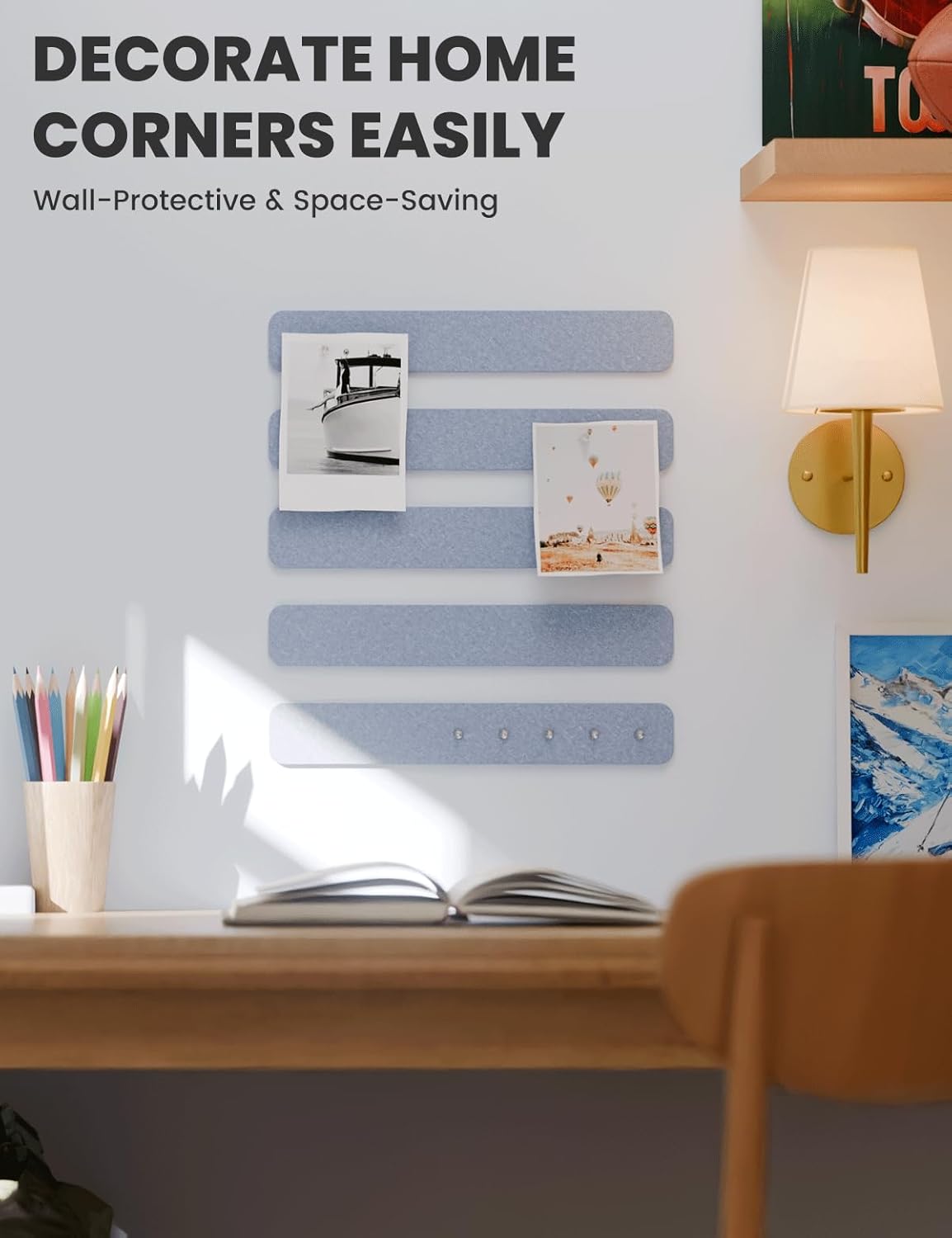 Cork Board Alternative Felt Strip Board 5-Pack 13"x2", Office Pin Board with 35 Push Pins, Adhesive Install for Bedroom Door & Home Office(Soft Periwinkle)