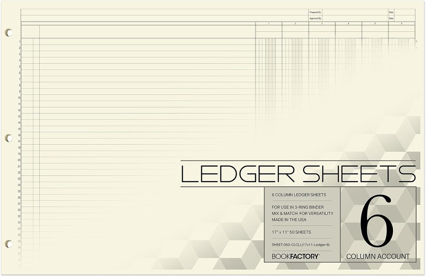 BookFactory Ledger Sheets/Large 6 Column Accounting Ledger Columnar (Six Columns) Loose Leaf Paper - 17'' x 11'', 50 Pages, Loose Leaf, 3 Hole Punched (SHEET-050-CLCLL(17x11-Ledger-6)-AX)