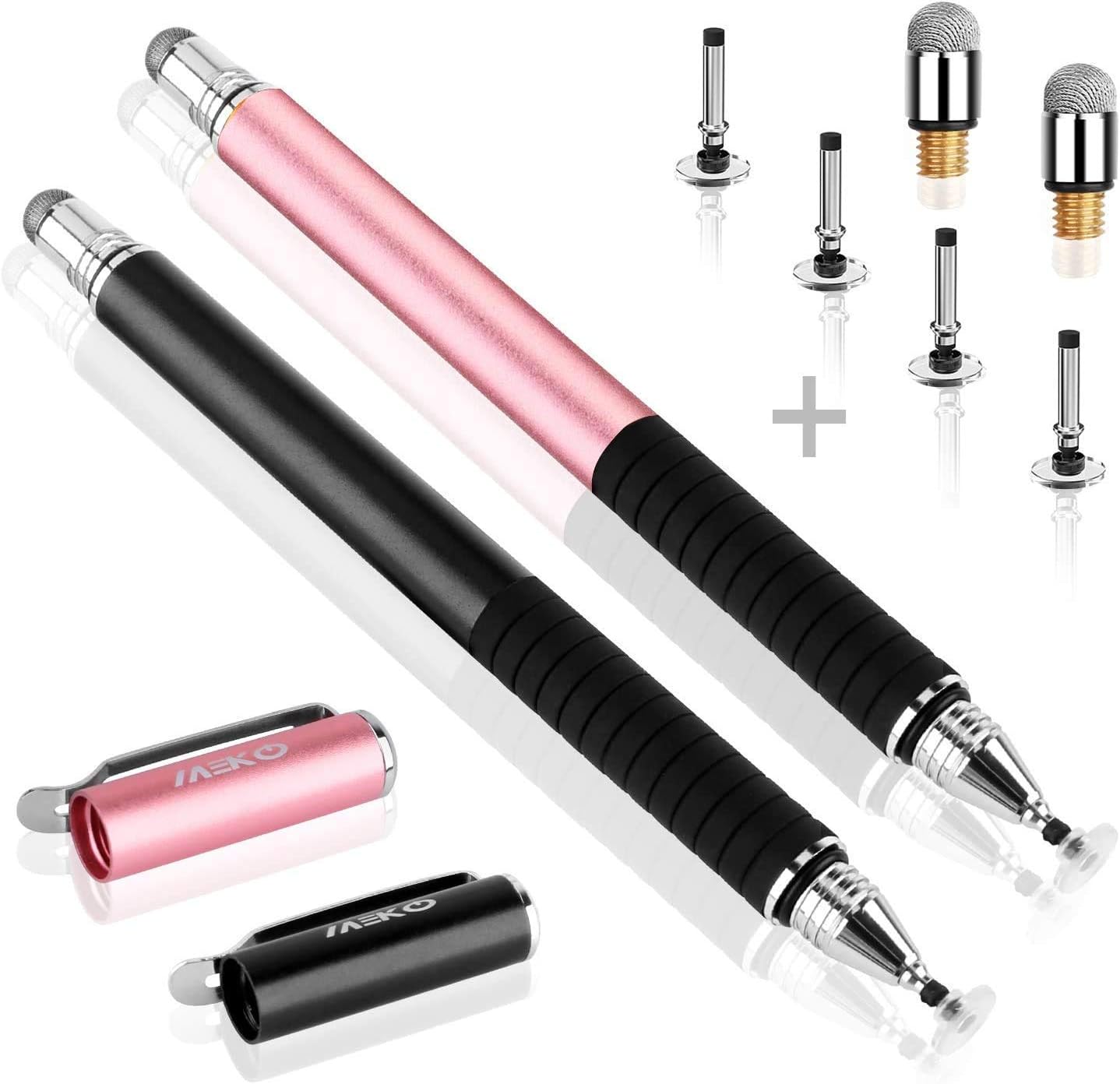 MEKO Universal Stylus,[2 in 1 Precision Series] Disc Stylus Touch Screen Pens for All Capacitive Touch Screens Cell Phones, Tablets, Laptops Bundle with 6 Replacement Tips - (2 Pcs, Black/Rose Gold)
