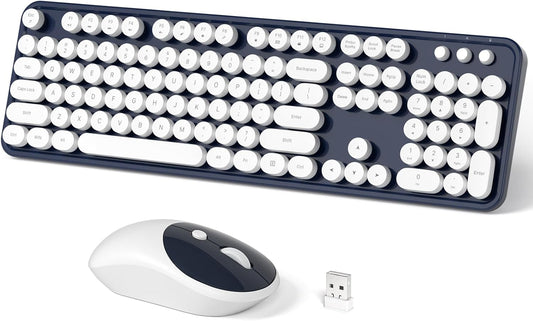Wireless Keyboard and Mouse Combo, 104 Keys Full-Sized Typewriter Keyboards and Retro Mouse, 2.4 GHz USB Receiver Plug and Play, for Windows 7 8 10, PC, Laptop, Desktop (Dark Blue)