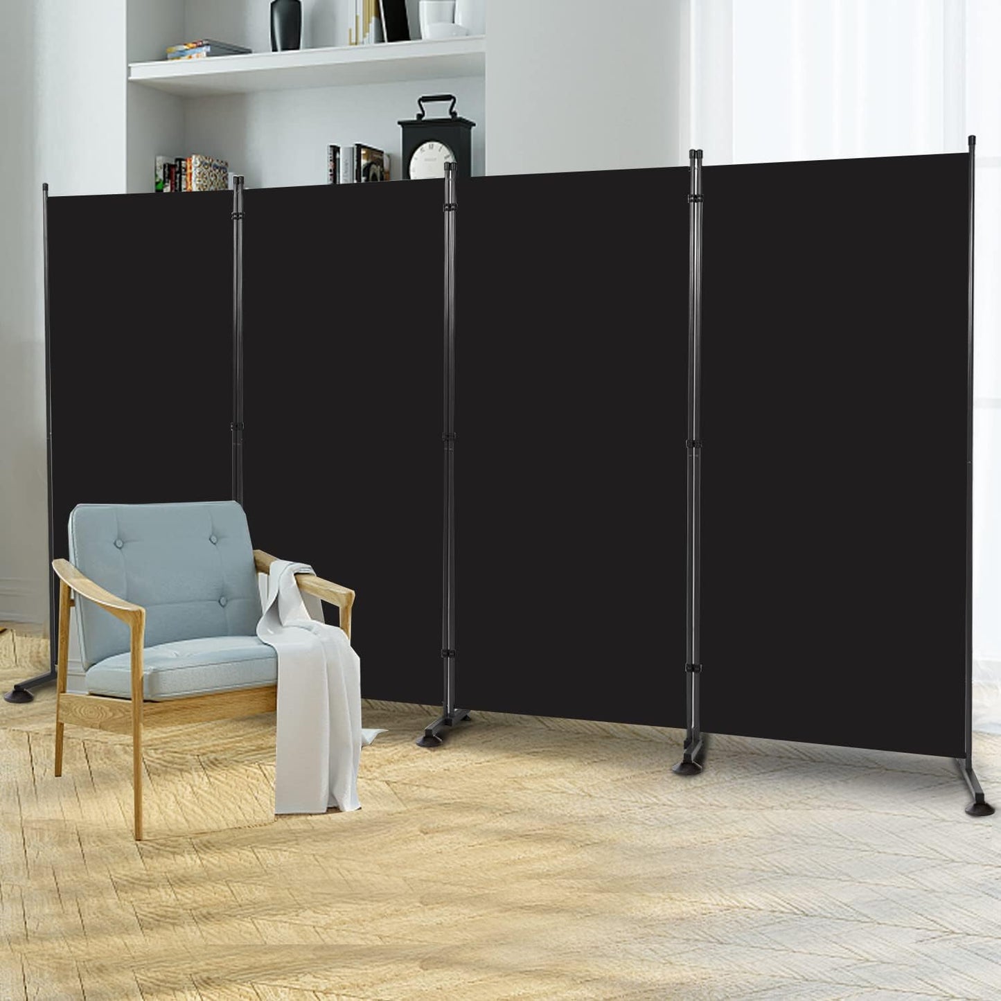 Room Divider 6FT Folding Privacy Screens, Partition Room Dividers w/Freestanding Design, Portable Wall Divider for Room Separtation, Fabric Screen Panel for Home Office Dorm (Black, 4 Panel-Round Pad)