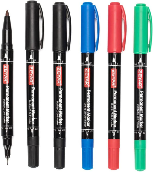 ZEYAR Twin Tip Permanent Markers, CD/DVD Markers, 4 Color, Ultra Fine Point and Fine Point for Signature and Marking (3 Black, 1 Red, 1 Green, 1 Blue)