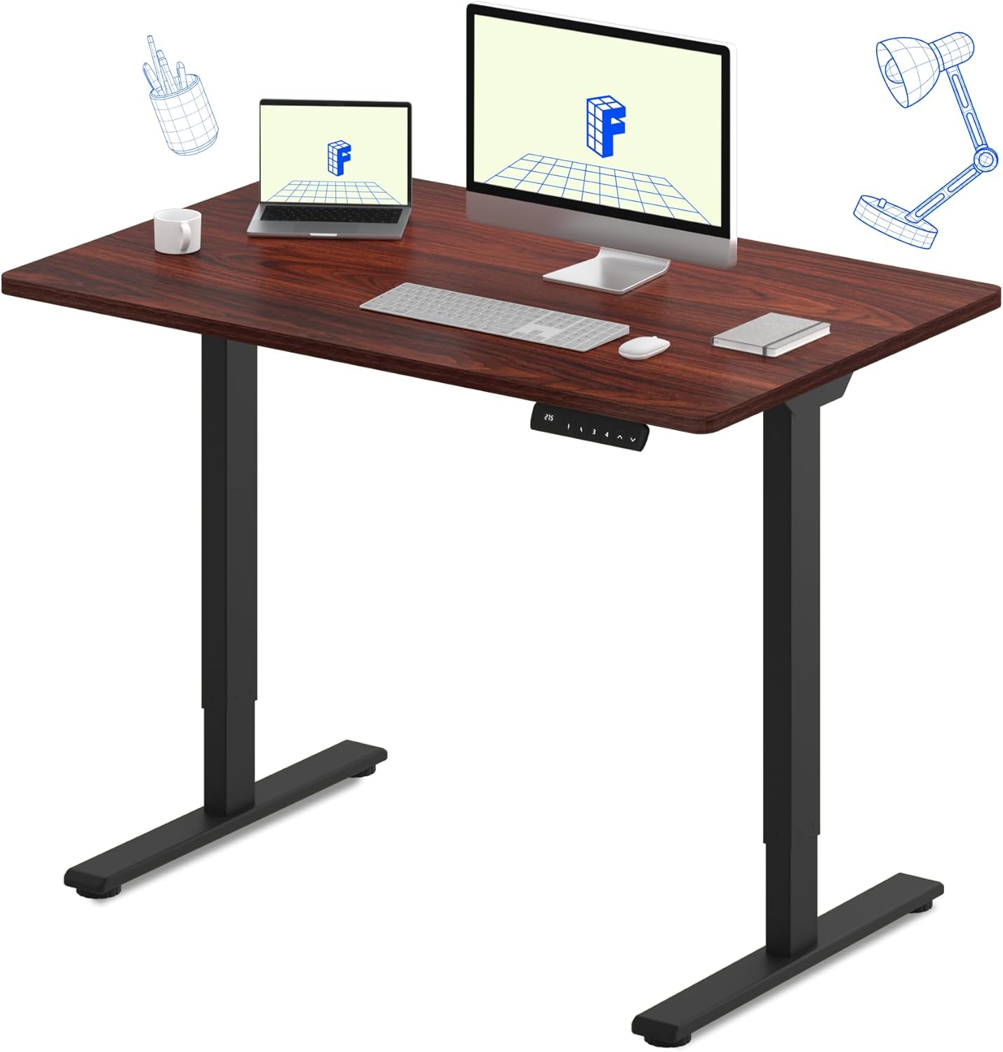 FLEXISPOT E3 Dual Motor Electric Standing Desk 48x24 Inch Whole-Piece Board Height Adjustable Desk Electric Sit Stand Desk (Black Frame + Mahogany Desktop, 2 Packages)