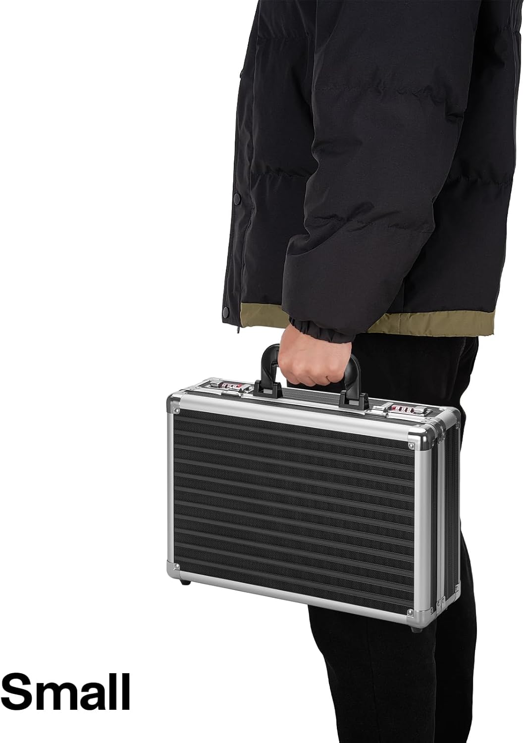 Medium Portable Locking Storage Totes - 14.2 x 9.8 x 4.5 Inch, Black, Modern Aluminum Storage Box with Dual Combination Locks