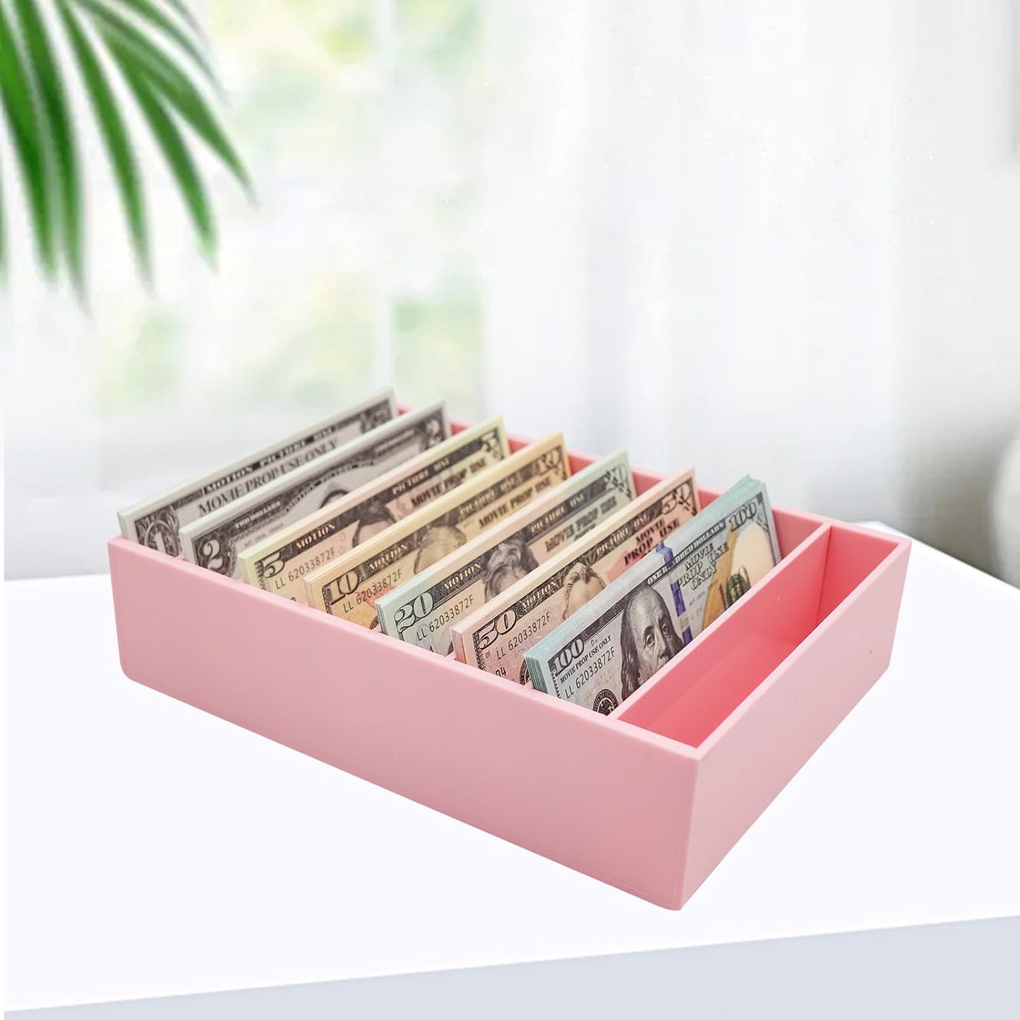 Money Organizer for Cash, 8 Compartment Pink Acrylic Money Holder, Cash Tray, Cash Box, Cash Organizer for Bills