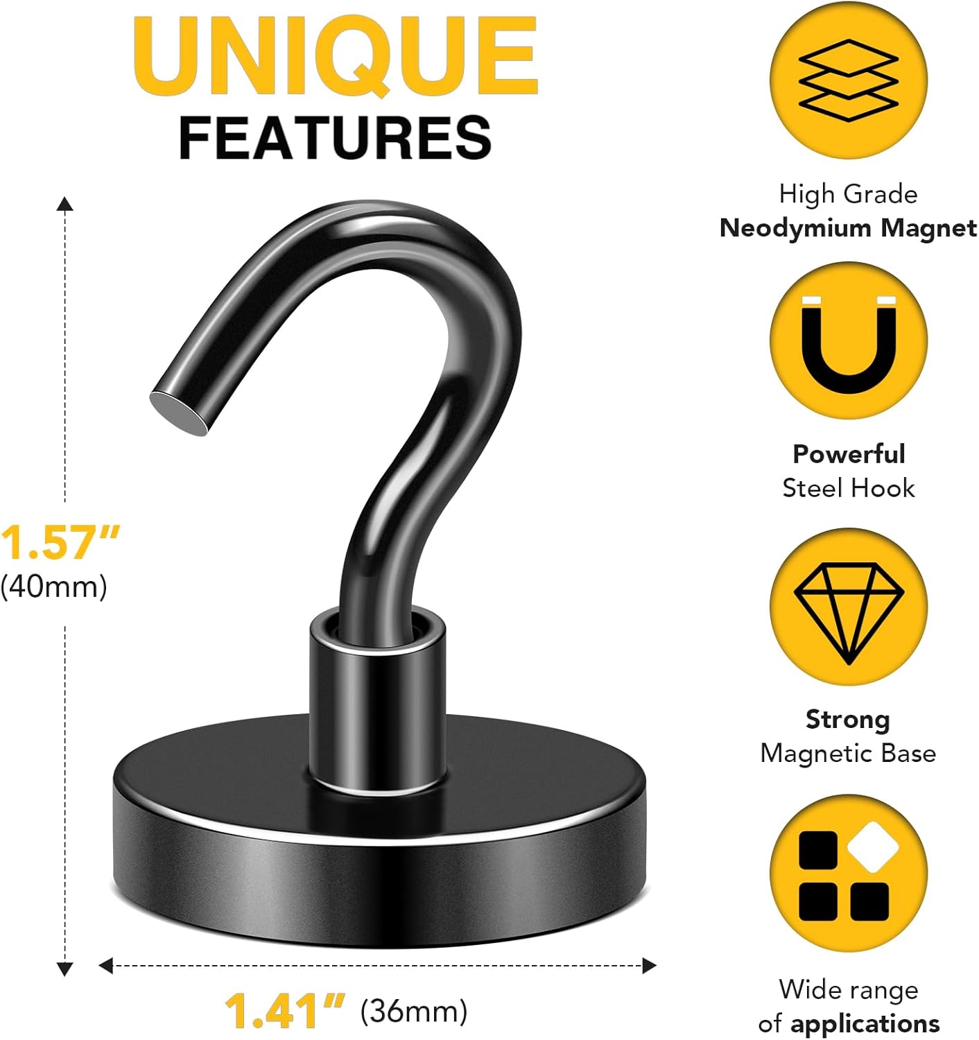 DIYMAG Black Magnetic Hooks, 150 LB Heavy Duty Strong Magnets with Hook, Rare Earth Neodymium Magnet for Hanging, Magnetics Hanger for Curtain, Home, Kitchen, Workplace, 6 Packs