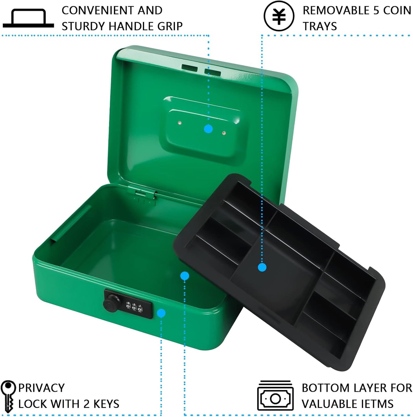 KYODOLED Large Cash Box with Combination Lock,Safe Metal Box for Money, Storage Lock Box with Money Tray,9.84"x 7.87"x 3.54" Green Large