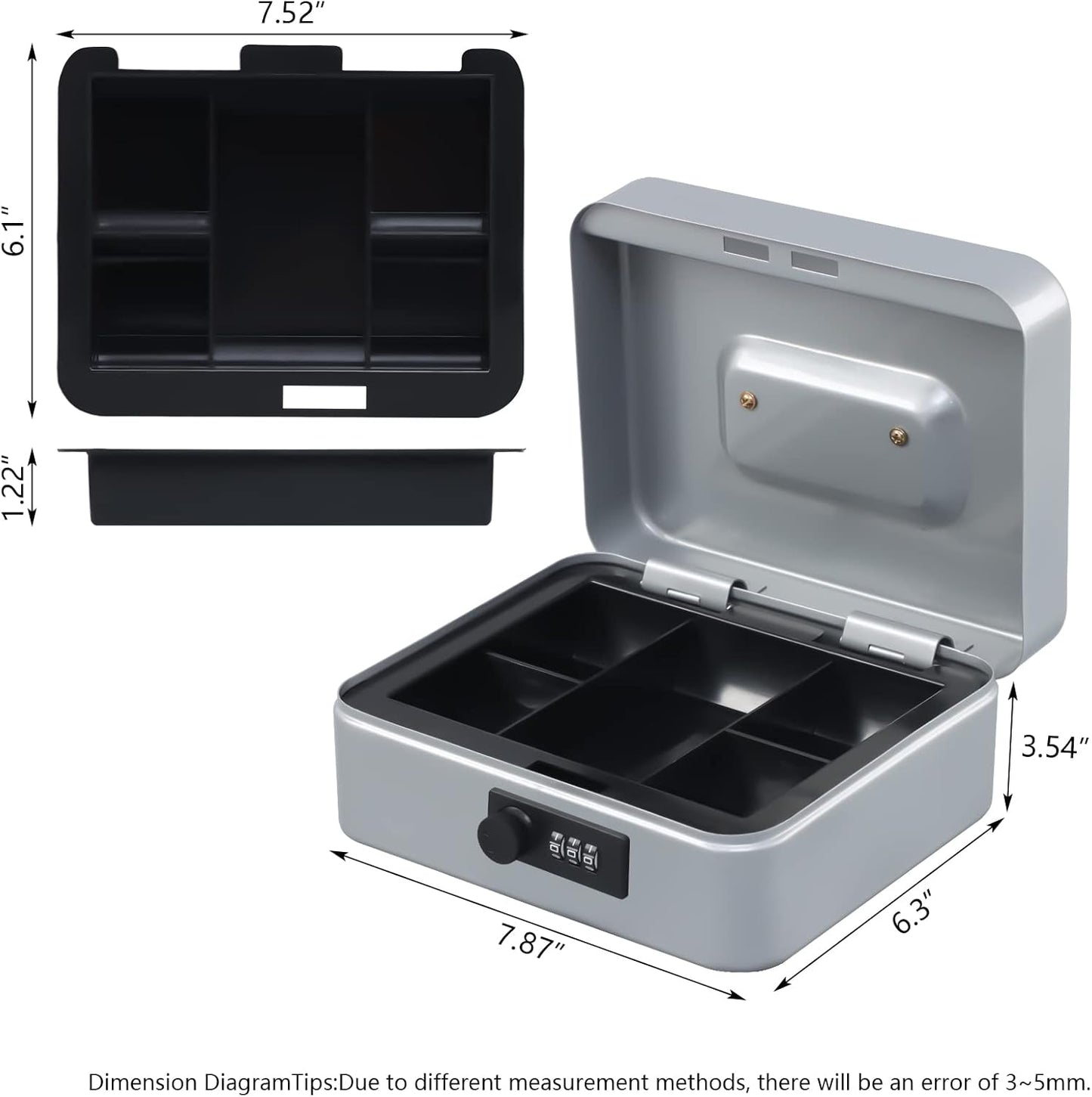 KYODOLED Cash Box with Combination Lock,Safe Metal Box for Money,Storage Lock Box with Money Tray,7.87"x 6.30"x 3.54" Lightgrey Medium