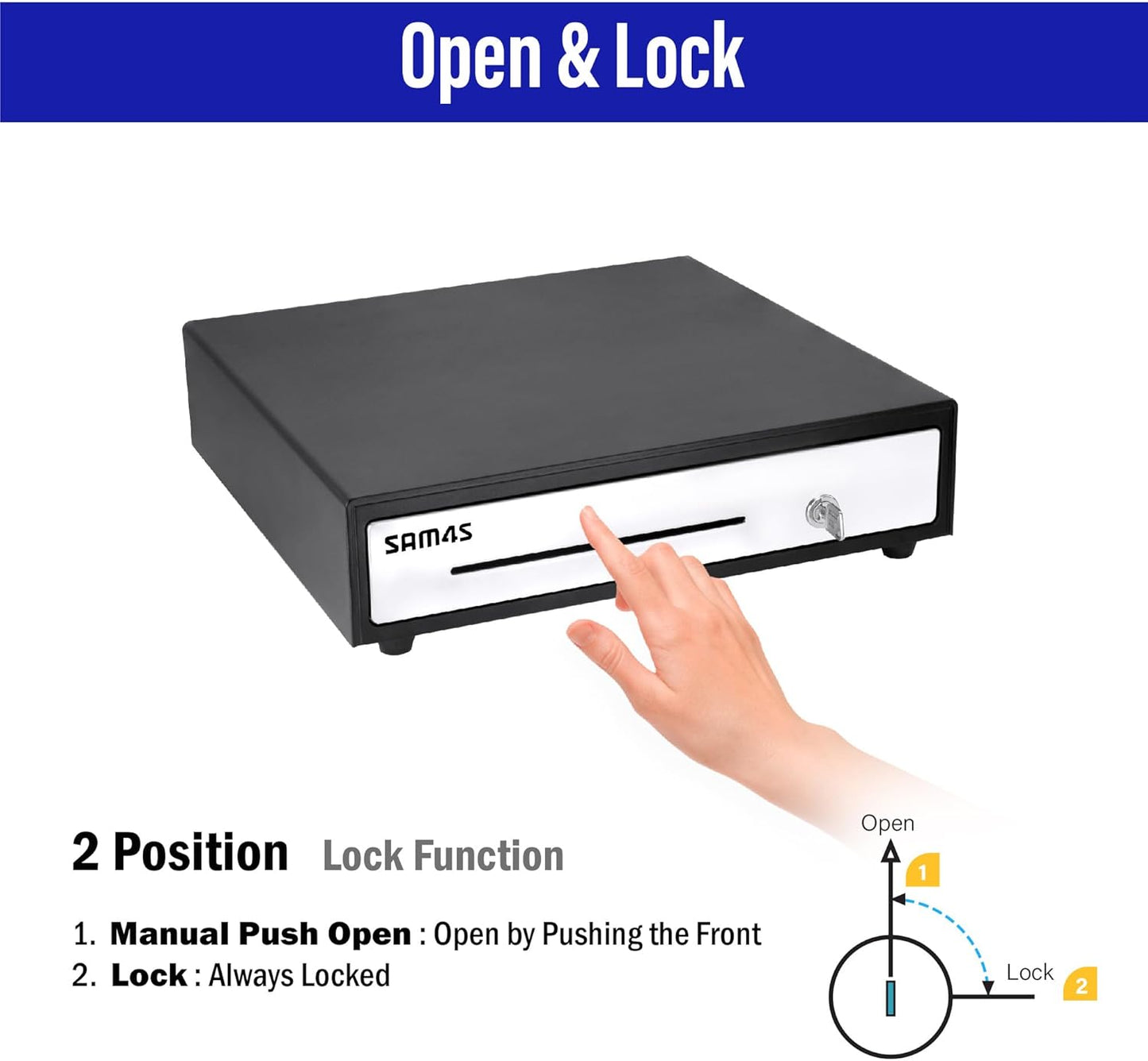 SAM4s 16" Heavy Duty Black Manual Push Open Cash Drawer with 5Bill/5Coin Stainless Steel