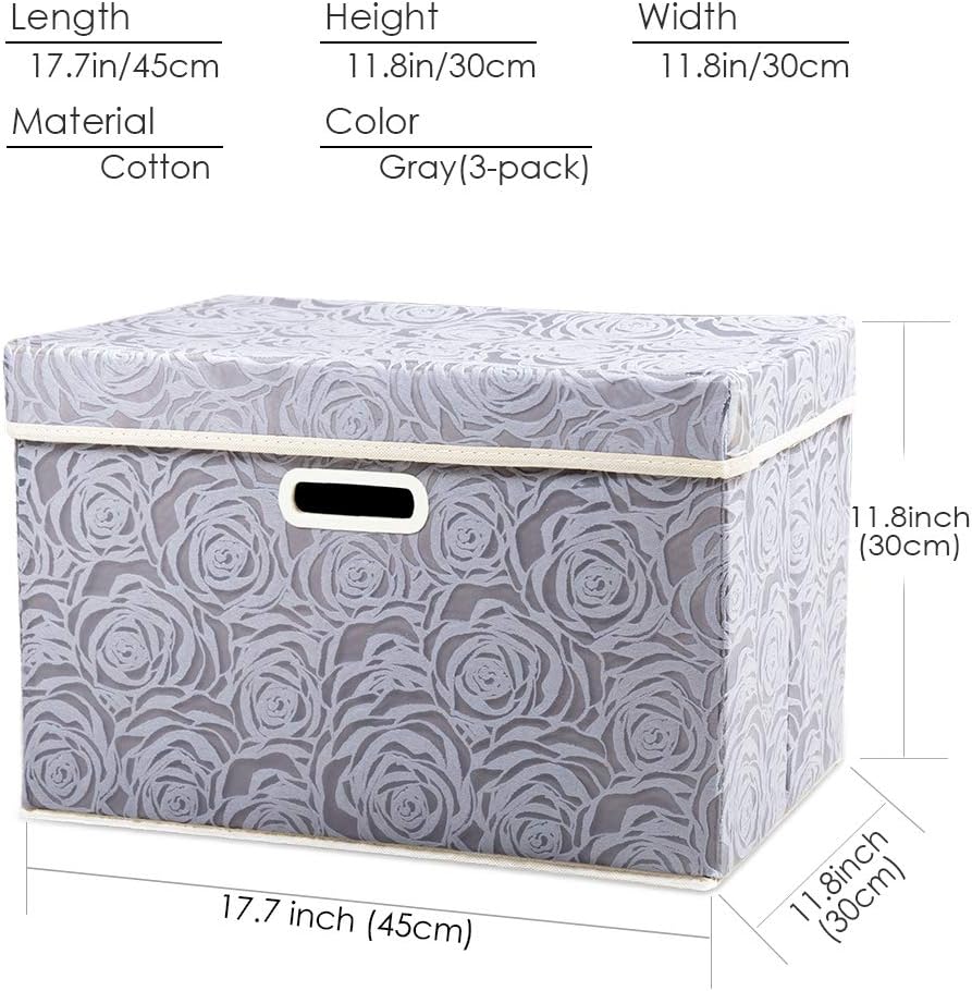PRANDOM Large Storage Boxes with Lids [3-Pack] Fabric Decorative Storage Bins Cubes Organizer Containers Baskets with Handles for Closet Grey 17.7x11.8x11.8 In For 6+ Year Old Boys and Girls