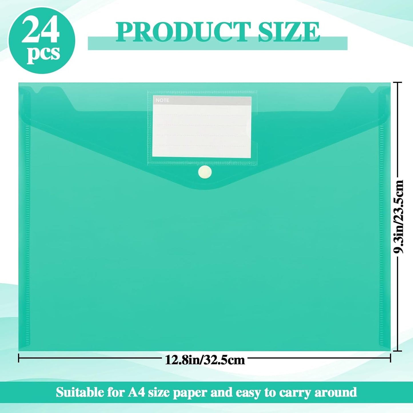 Lincia 24 Pcs Plastic Envelopes A4 Size Poly Envelopes File Folders Work Document Holder Office Paper Plastic File Organizer with Label Pocket Snap Button Home File Bag for School (Clear Green)