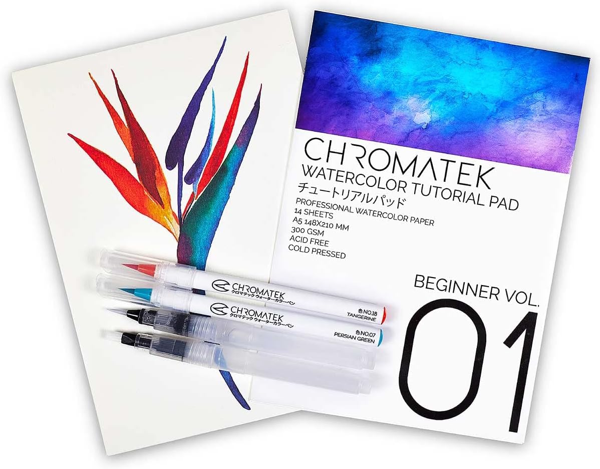 CHROMATEK 30 Watercolor Brush Pens - 15 Page Tutorial Pad and Online Video Series - Real Brush Tip, Vivid, Blendable - Professional Artist Quality - 27 Colors - 3 Aquapens