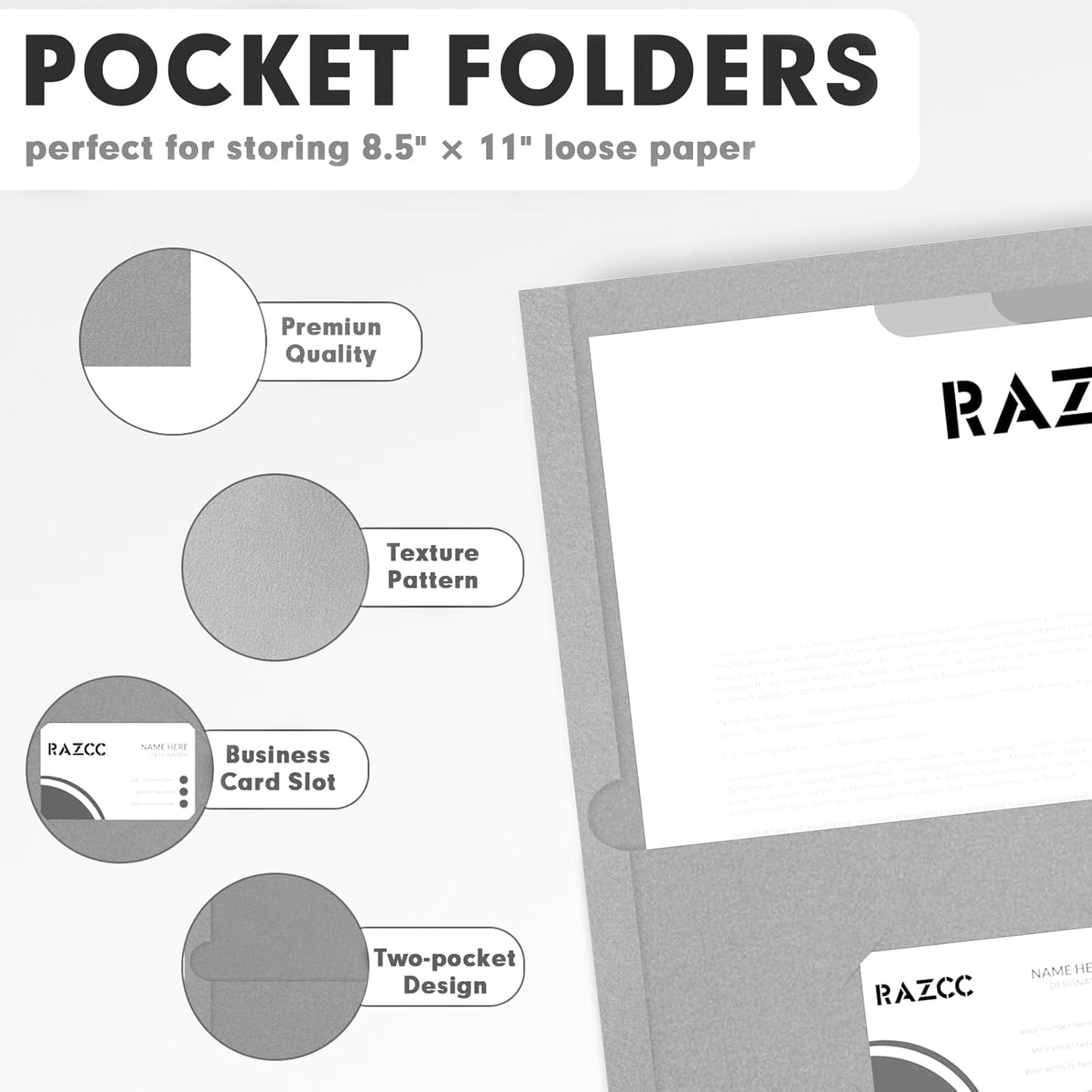 Two Pocket Folders, RAZCC 50 Pack 2 Pocket Folders Fit Letter Size Paper, Paper Folders with Pockets for School Office Business Home, Grey