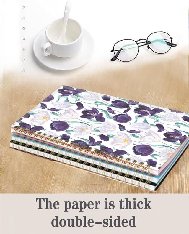 Spiral Journal Notebook,A5 Hardcover Lined Journals for Women Girl 6 x 8.3 in,120 Pages Thick Paper,Cute College Ruled Writing Notebook for Gifts Office Work School(Tulips Floral Leaf)