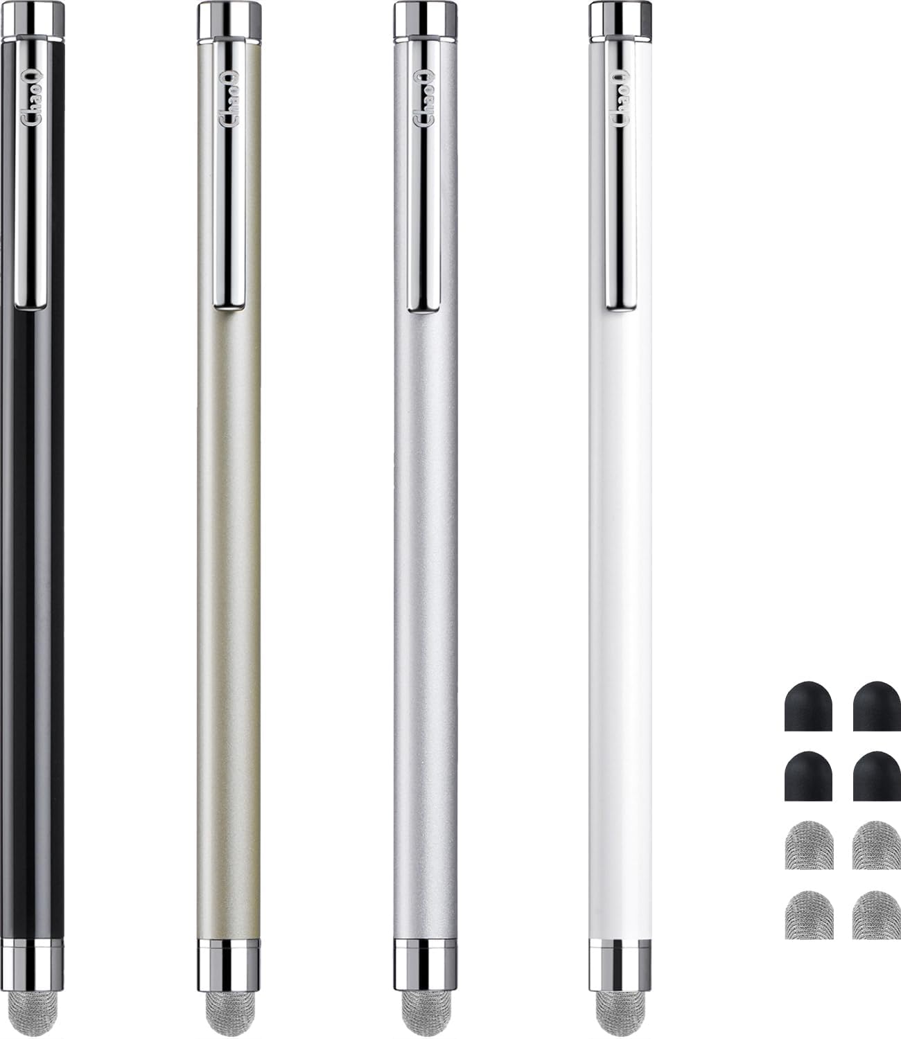 Stylus Pens for Touch Screens, ChaoQ 4 Pcs Mesh Fiber Stylus, with 4 Replaceable Mesh Tips and 4 Replaceable Rubber Tips (Silver, Black, White, Champagne)