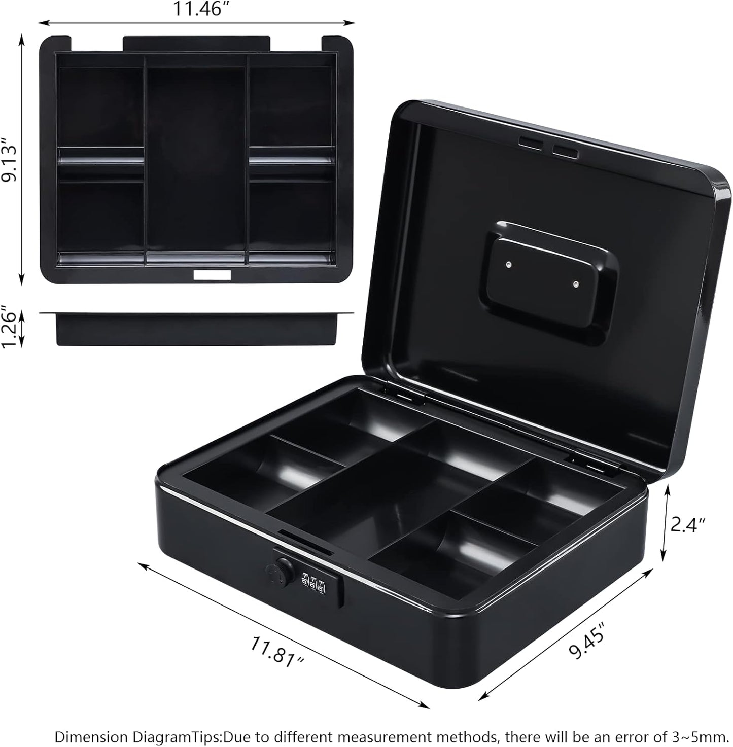 KYODOLED Metal Cash Box with Combination Lock Money Box for Cash Safe Metal Box with Money Tray for Security Lock Box 11.81"x 9.45"x 3.54" Black X Large