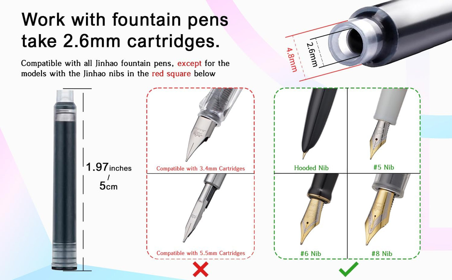 Jinhao Fountain Pen Red Ink Cartridge International Standard 2.6mm Bore Diameter Ink Refill Set of 30 PCS