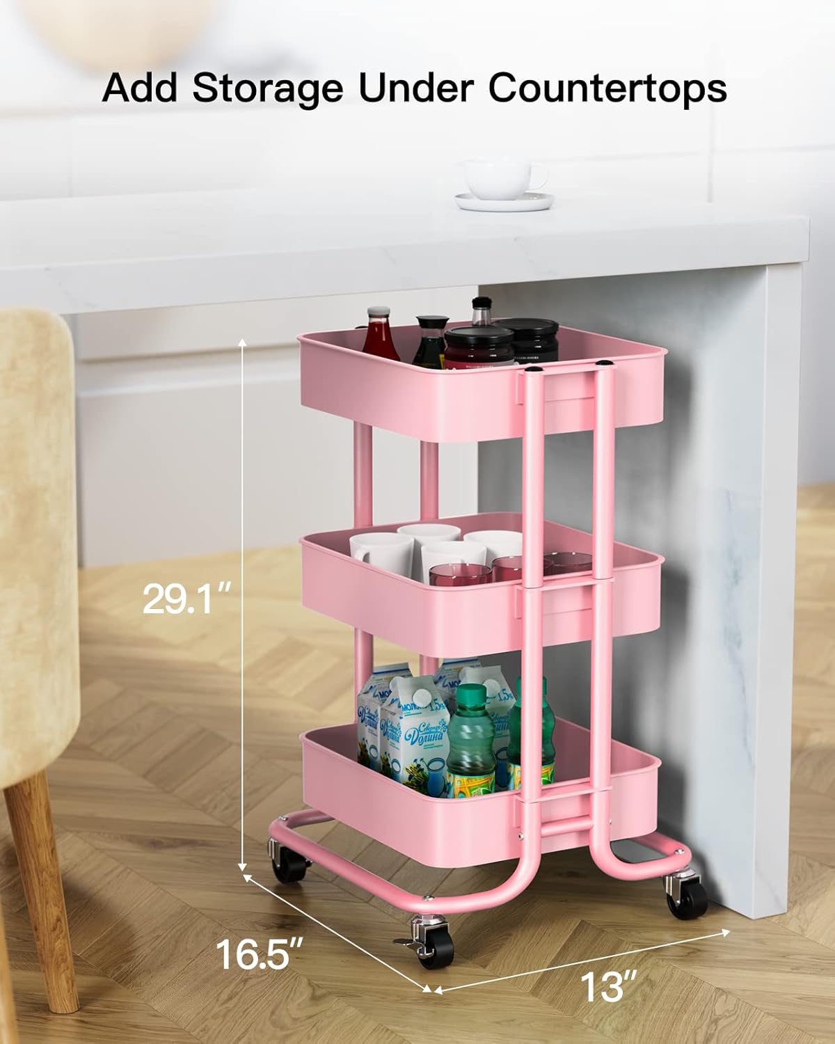 Pipishell 3-Tier Metal Rolling Utility Cart, Heavy-Duty Storage Cart with 2 Lockable Wheels, Multifunctional Mesh Organization Cart for Kitchen Dining Room Living Room (Pink)