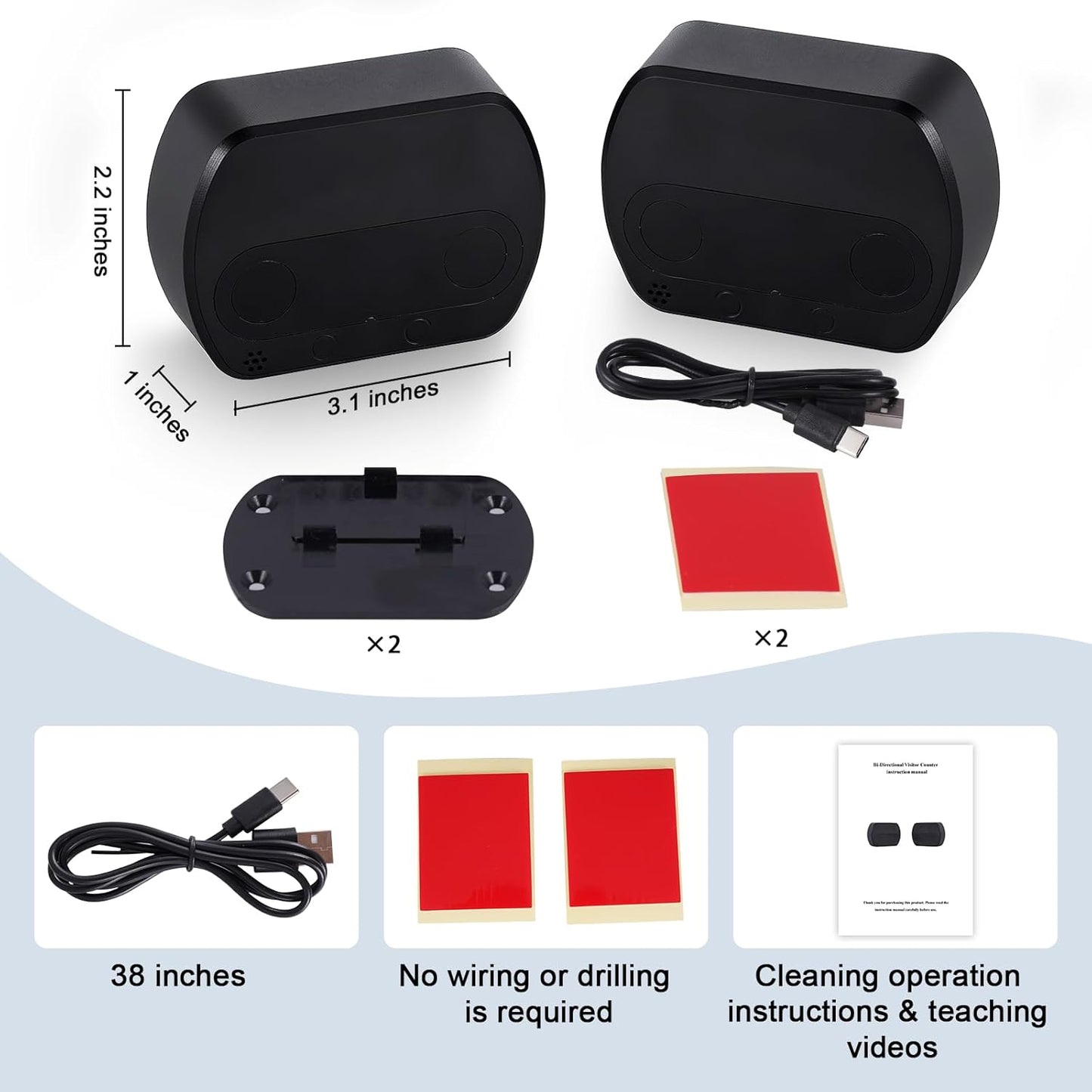 JIAWANSHUN People Counter,Bi-Directional Visitor Counter with 40ft Coverage & 30-Day Battery Life,Dual Power Supply, 100-Day Data Storage, Wire-Free Installation for Malls, Museums, Libraries