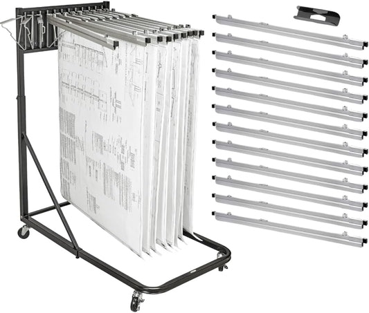 Adir Blueprint Rack and Clamps - 12 Pack of Blueprint Clamp and Mobile Blueprint Rack, Heavy-Duty Large Document Storage Solution for Blueprints, Posters, Maps, & Construction Plans