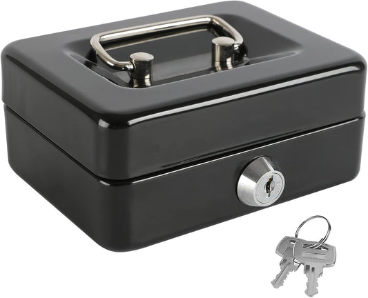 xydled Locking Steel Mini Cash Box with Removable Coin Tray and Key Lock for Kids,4.92" x 3.74" x 2.36",Black