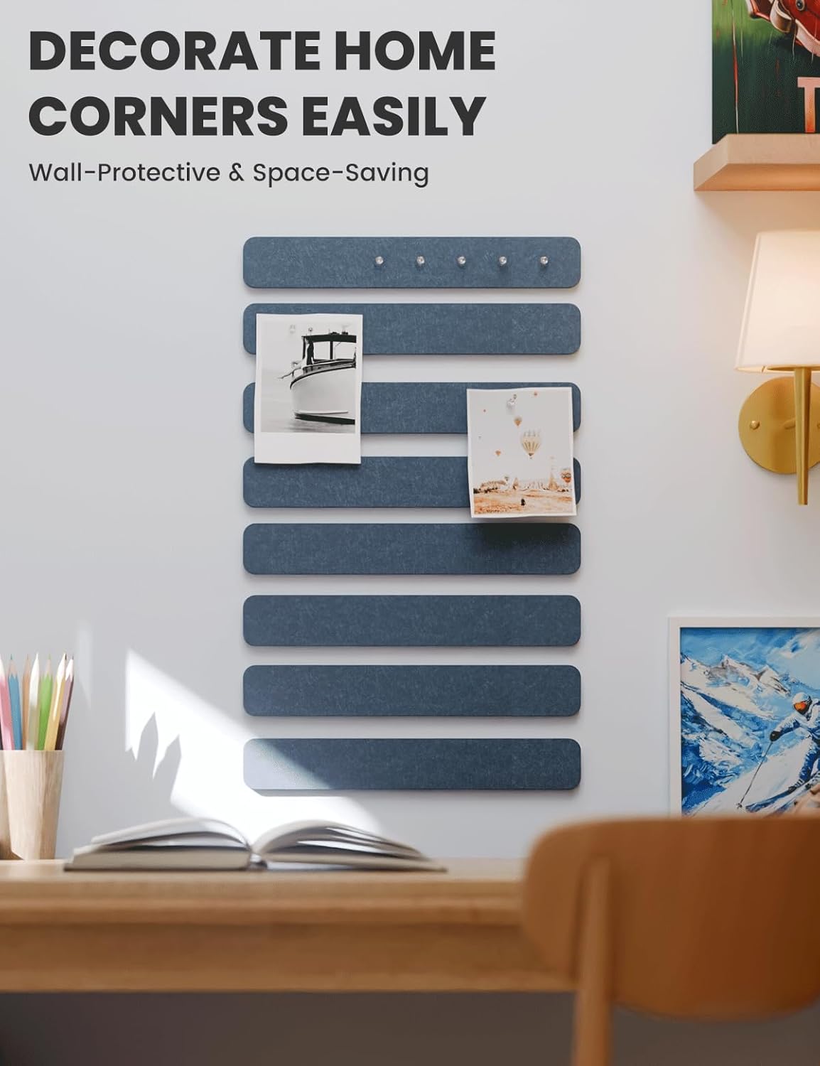 Cork Board Alternative Felt Strip Board 8-Pack 13"x2", Office Pin Board with 50 Push Pins, Adhesive Install for Bedroom Door & Home Office(Denim Blue)