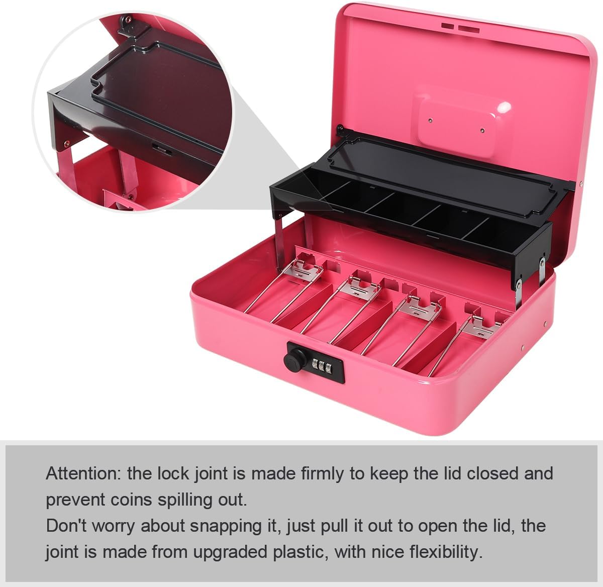 Jssmst Locking Metal Cash Box with Coin Lid, 11.8L x 9.5W x 3.5H Inches, Safe Money Box with Combination Lock, Pink, SM-CB0516P