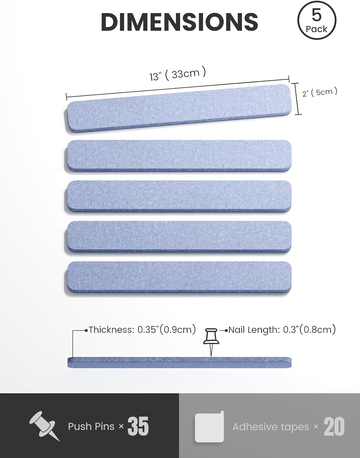 Cork Board Alternative Felt Strip Board 5-Pack 13"x2", Office Pin Board with 35 Push Pins, Adhesive Install for Bedroom Door & Home Office(Soft Periwinkle)