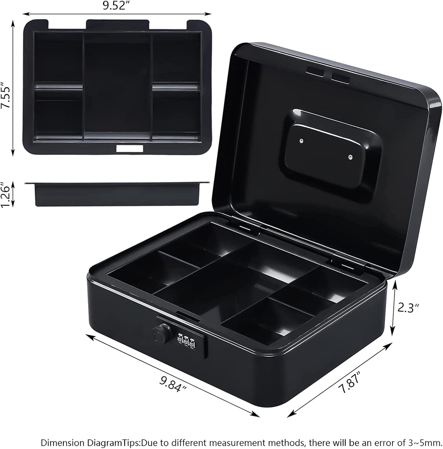 KYODOLED Large Cash Box with Combination Lock Safe Metal Money Box with Money Tray for Security Lock Box 9.84"x 7.87"x 3.54" Black