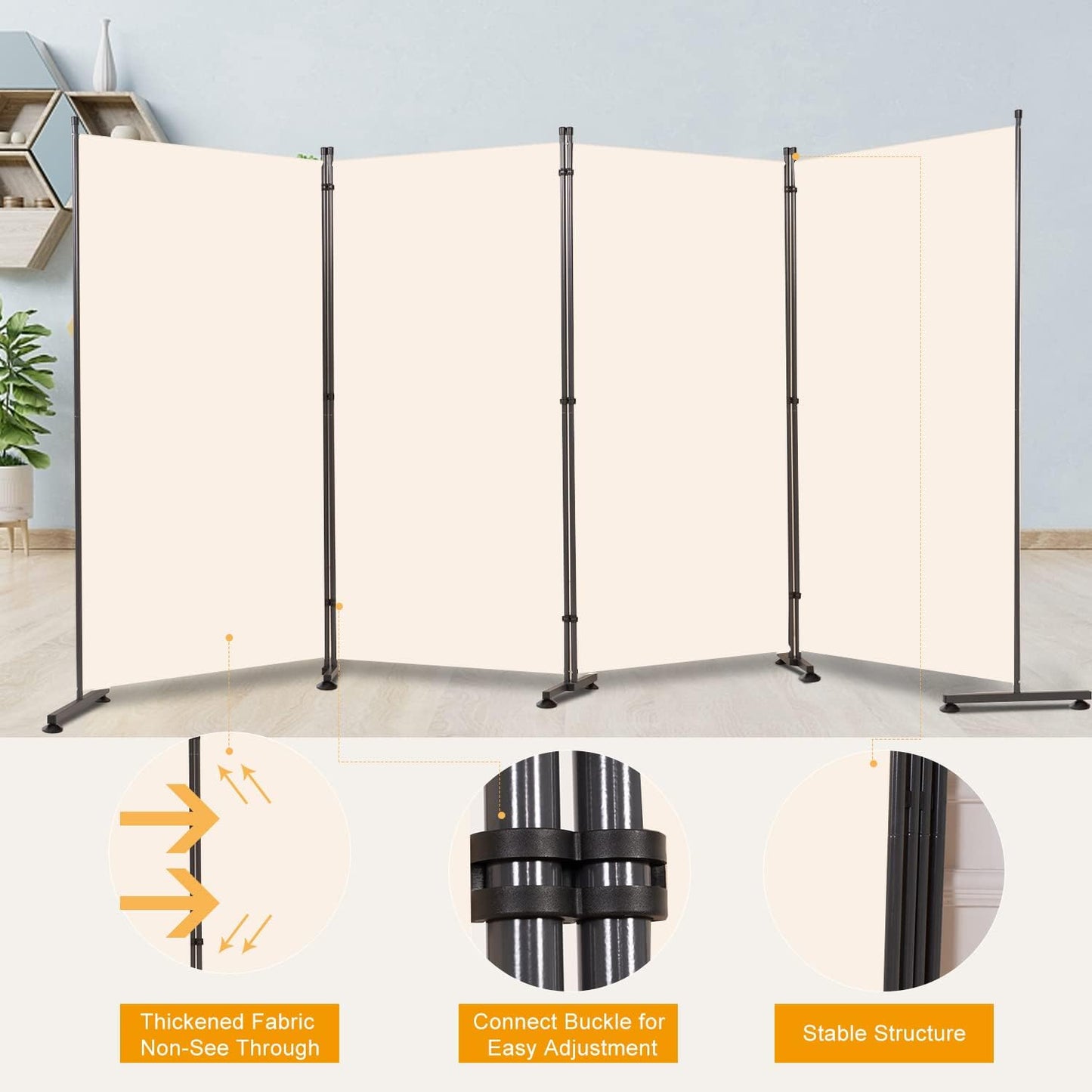 Room Divider 6FT Folding Privacy Screens, Partition Room Dividers w/Freestanding Design, Portable Wall Divider for Room Separtation, Fabric Screen Panel for Home Office Dorm (Beige, 4 Panel-Round Pad)