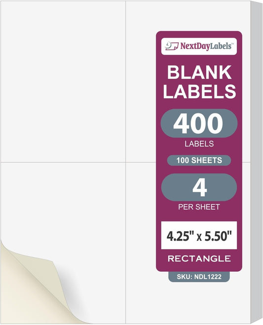 NextDayLabels – 4-1/4" x 5-1/2" Rectangular Sticker Labels for Printer - White Laser/Inkjet Printer Labels Return Address Labels Shipping Label Stickers (100 Sheets, 4 Per Sheet, 400 Labels)