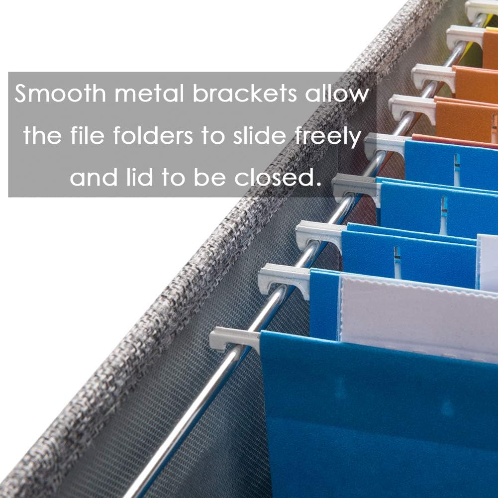 PRANDOM File Organizer Box - Set of 4 Collapsible Decorative Linen Filing Storage Hanging File Folders with Lids Office Cabinet Letter Size Grey (14x9.3x10.8 inch)
