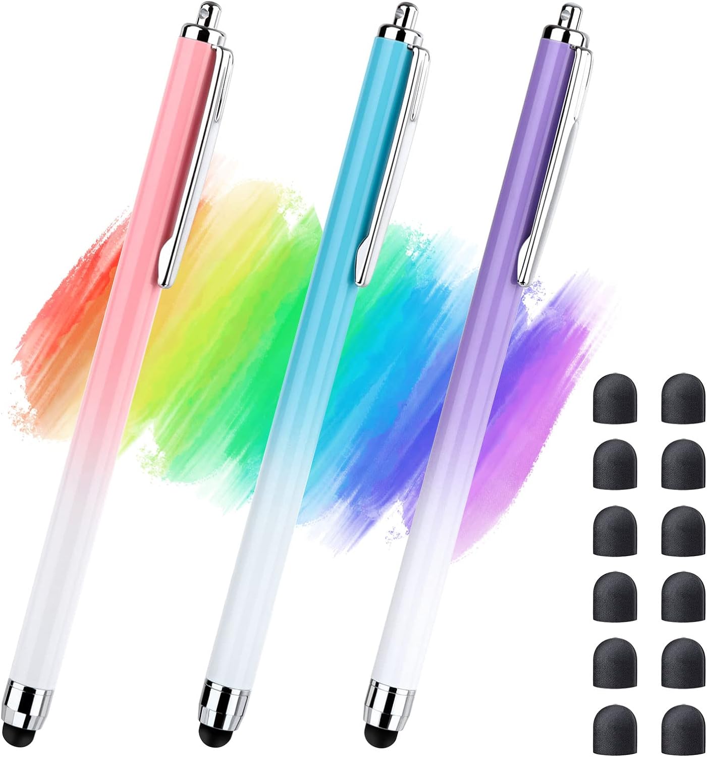 Stylus for Touch Screen, 3 Pcs Stylus Pens and 12 Extra Replaceable Rubber Tips (Gradient Pink/Purple/Blue)