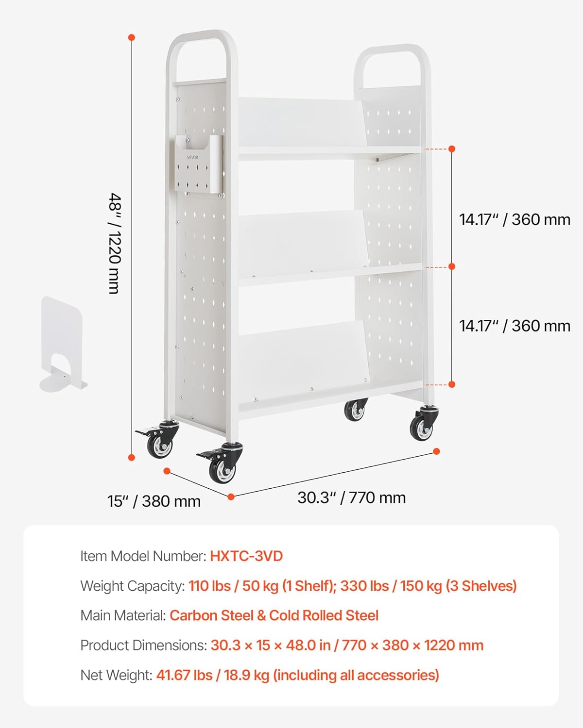 VEVOR Rolling Library Book Cart, 330 lbs Capacity, 30.3 x 15 x 48.0-Inch Library Cart, Single Sided V-Shaped Shelves with 3-Inch Lockable Wheels, Book Truck for Home Shelves Office and School, White