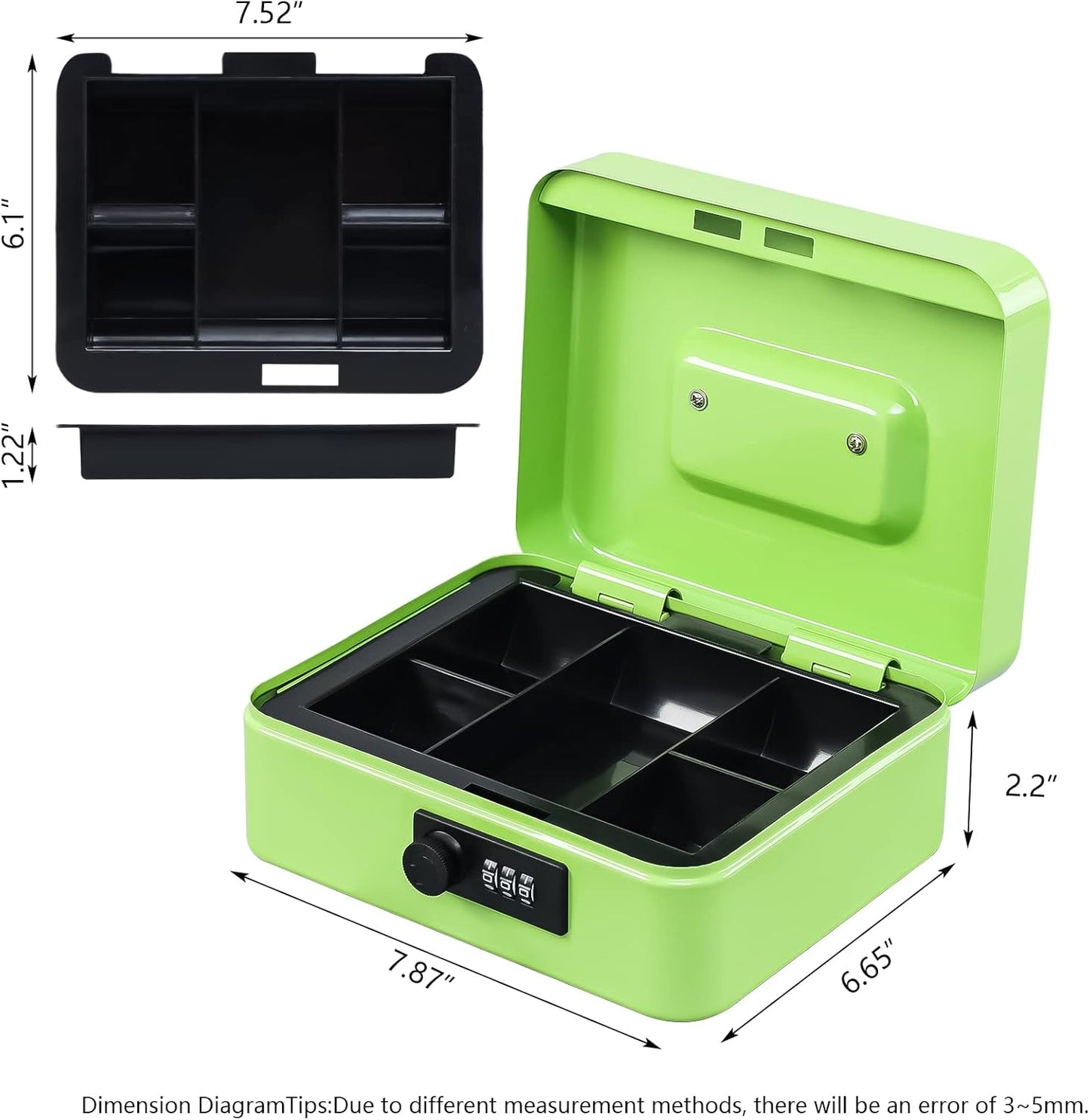 KYODOLED Cash Box with Combination Lock,Safe Metal Box for Money,Storage Lock Box with Money Tray,7.87"x 6.30"x 3.54" Limegreen Medium