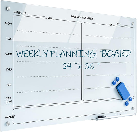 Magnetic Planner Writeboard 24"X36" Weekly Glass Calendar Ultra White Glassboard Premium Tempered Dry Erase Boards Frameless Wall Mounted (Ultra White)