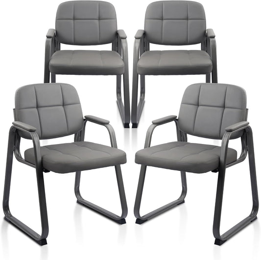 CLATINA Waiting Room Guest Chair with Bonded Leather Padded Arm Rest for Office Reception and Conference Desk Black with Sled Base Grey 4 Pack