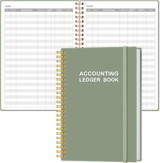 Accounting Ledger Book - A5 Ledger Book for Bookkeeping, Small Businesses & Personal Use, Expense Tracker Notebook for Tracking Money, Expenses, Deposits & Balance, 5.8" x 8.4", Green