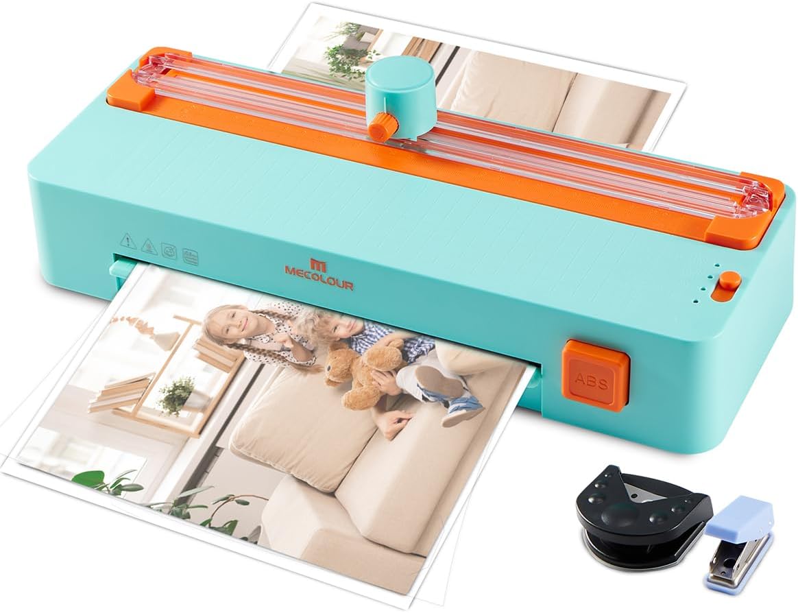 MECOLOUR Thermal Laminator Machine,3-in-1 Laminator with Built-in Paper Trimmer,Hole Punch & Corner Rounder,A4 Laminating Machine Fast 3-Min Warm-Up,Ideal for Teachers,Offices,Business or Home 110V