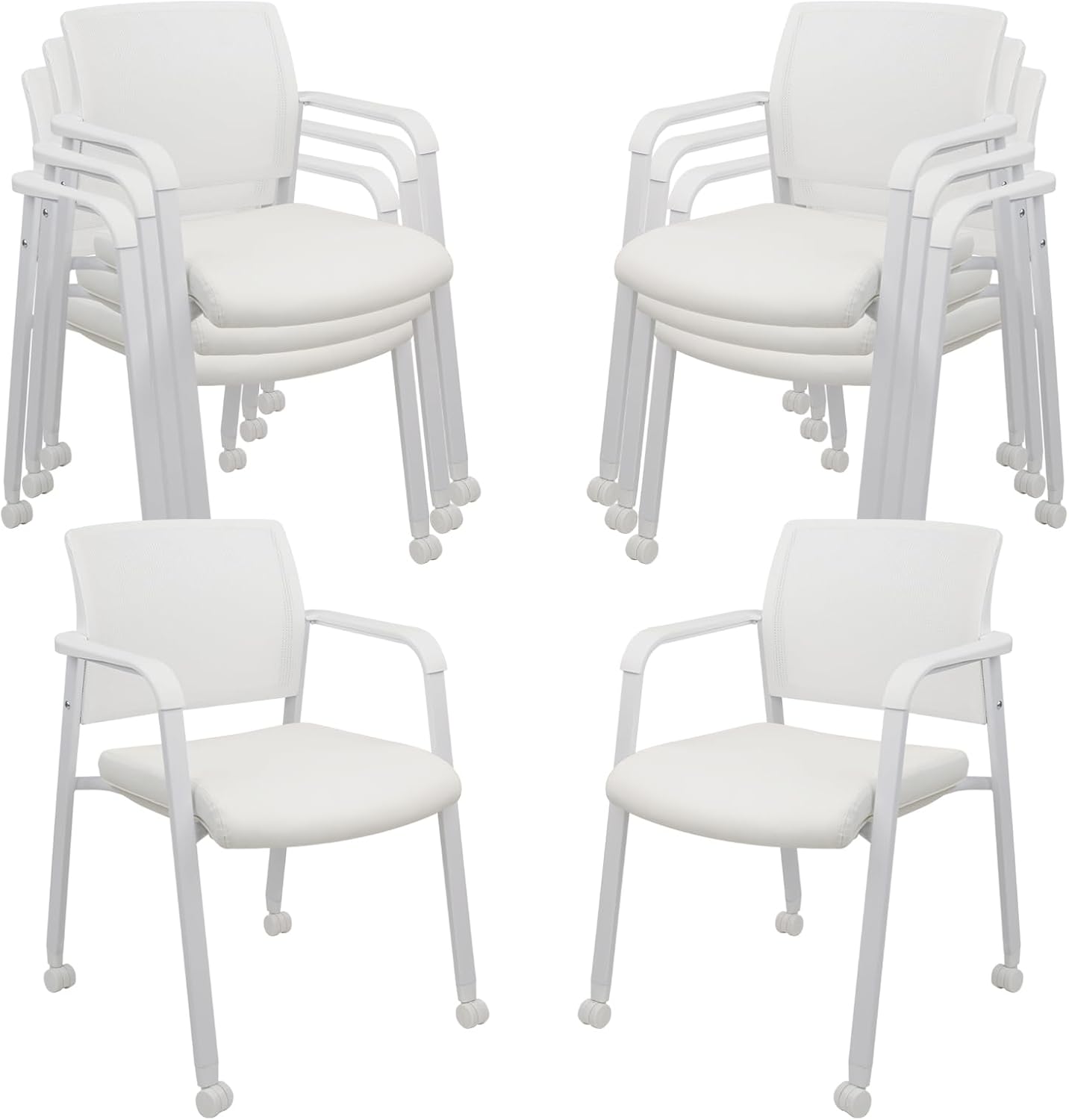 CLATINA Stacking Office Chairs with Wheels | Mesh Back, Thicken Leather Seat and Streamline Armrests, Ergonomic Lumber Support | School, Desk, Guest Reception, Waiting, Conference | Set of 8, White