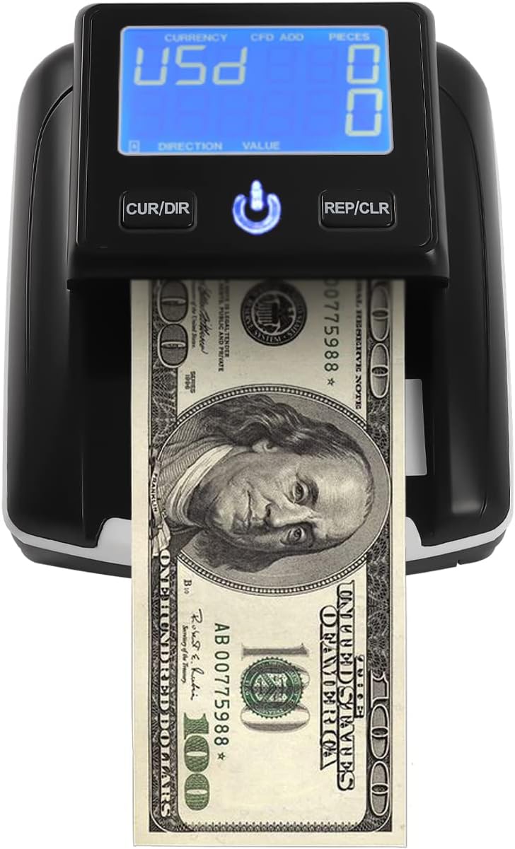 Portable Counterfeit Bill Money Detector Machine Modern Rechargeable Any Way Direction USD & EUR Counterfeit Bill Detector with Display Counterfeit Money Detector for Office Home Store, Black