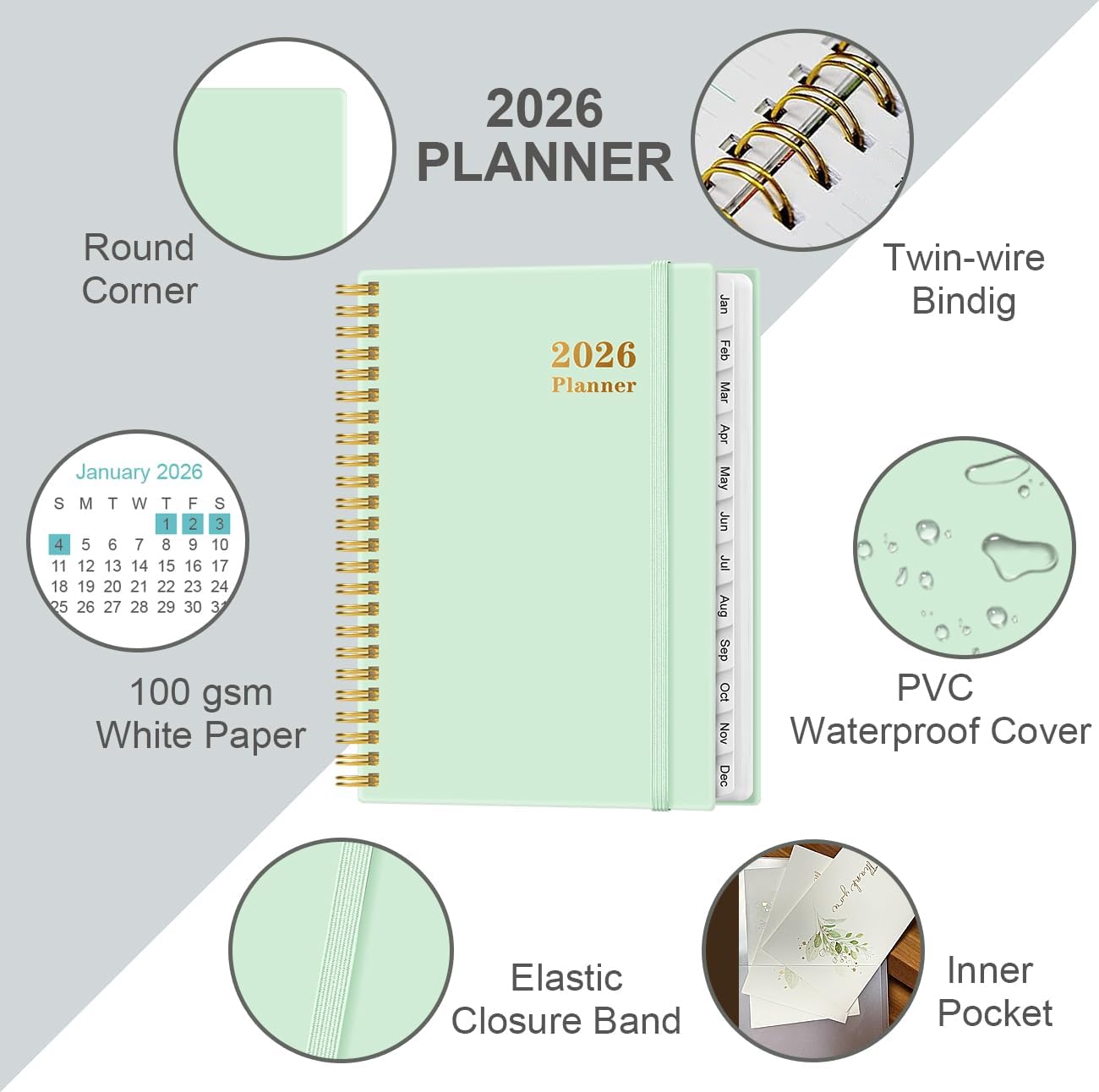 2026 Planner - Weekly and Monthly Calendar Planner from Jan 2026 - Dec 2026, Planner 2026 Spiral Bound with 12 Monthly Tabs, Inner Pocket, Perfect for School Office Supplies, 6.4" x 8.5", Mint