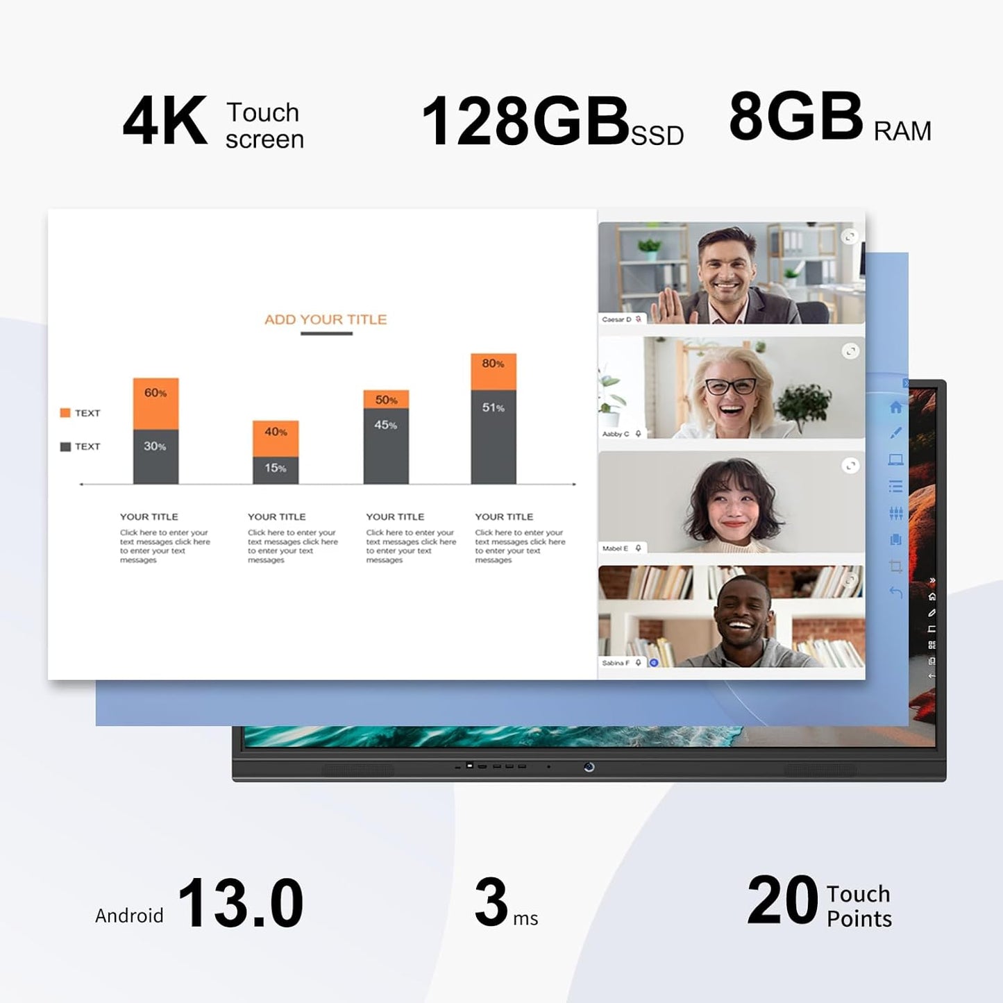 TIBURN R2 75" 4K UHD Smart Board | Smart Digital Whiteboard | All-in-One Touch Screen Computer with Open App Ecosystem, Includes Movable Stand+Wall Mount, Ideal for Office, Classroom, and Conference